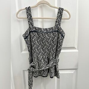 Banana Republic Navy Blue and White Lace Patterned Blouse with Belt - SMALL